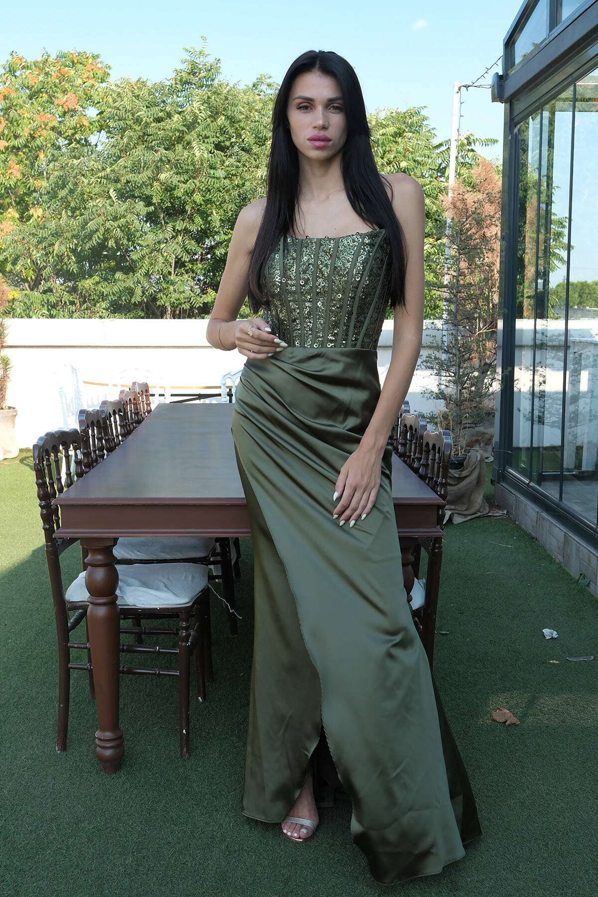 Haki Göğüs Pul ve Taşlı Saten Abiye 9705294.23 - Ardanewline