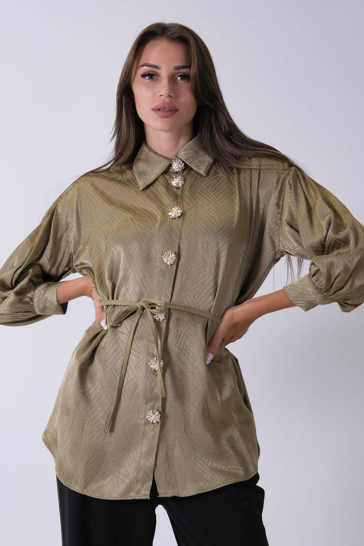 Haki Gömlek Yaka Düğme Kapamalı Bel Bağlamalı Tunik 4595331.23 - Ardanewline (1)