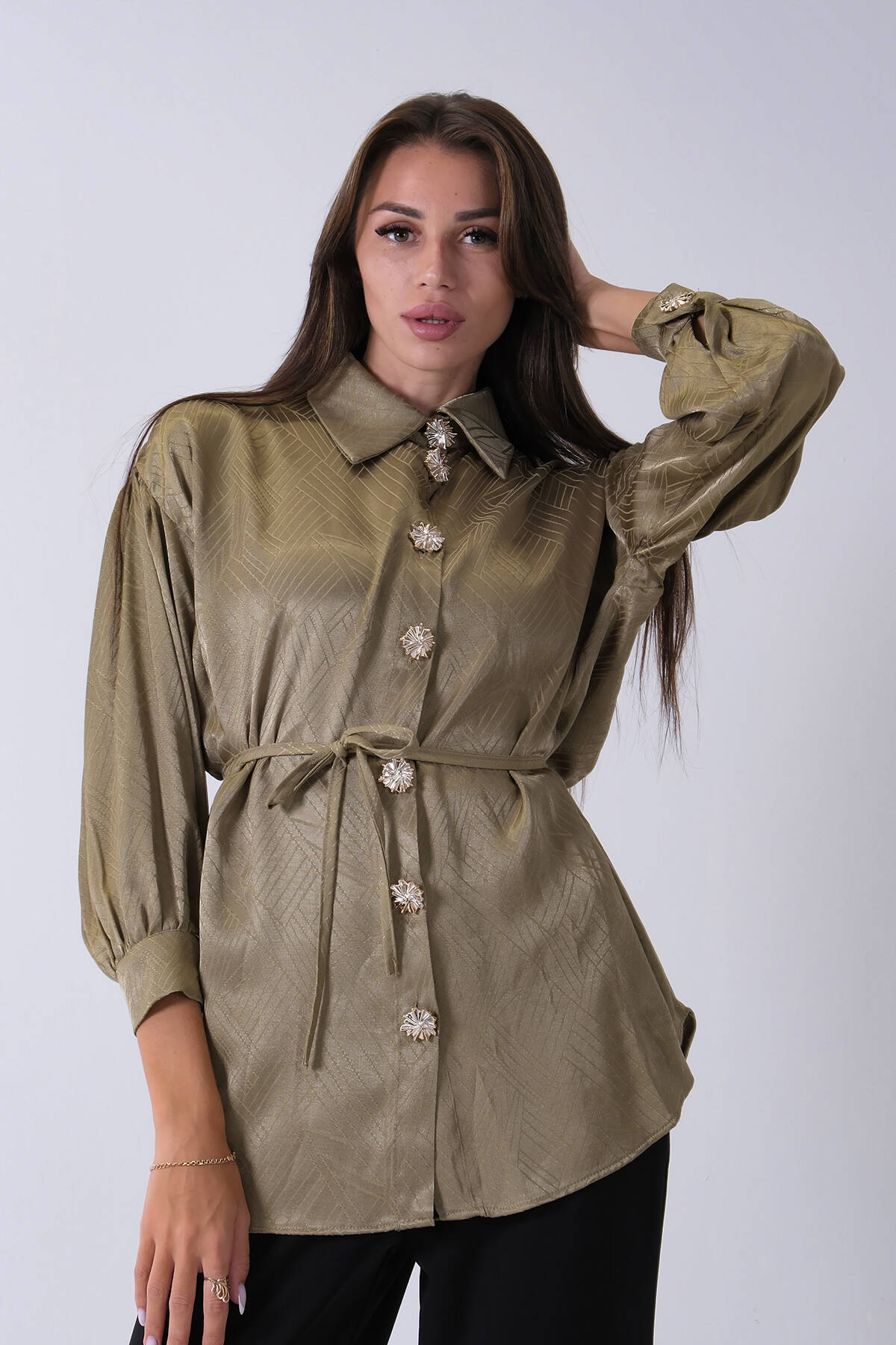 Haki Gömlek Yaka Düğme Kapamalı Bel Bağlamalı Tunik 4595331.23 - Ardanewline