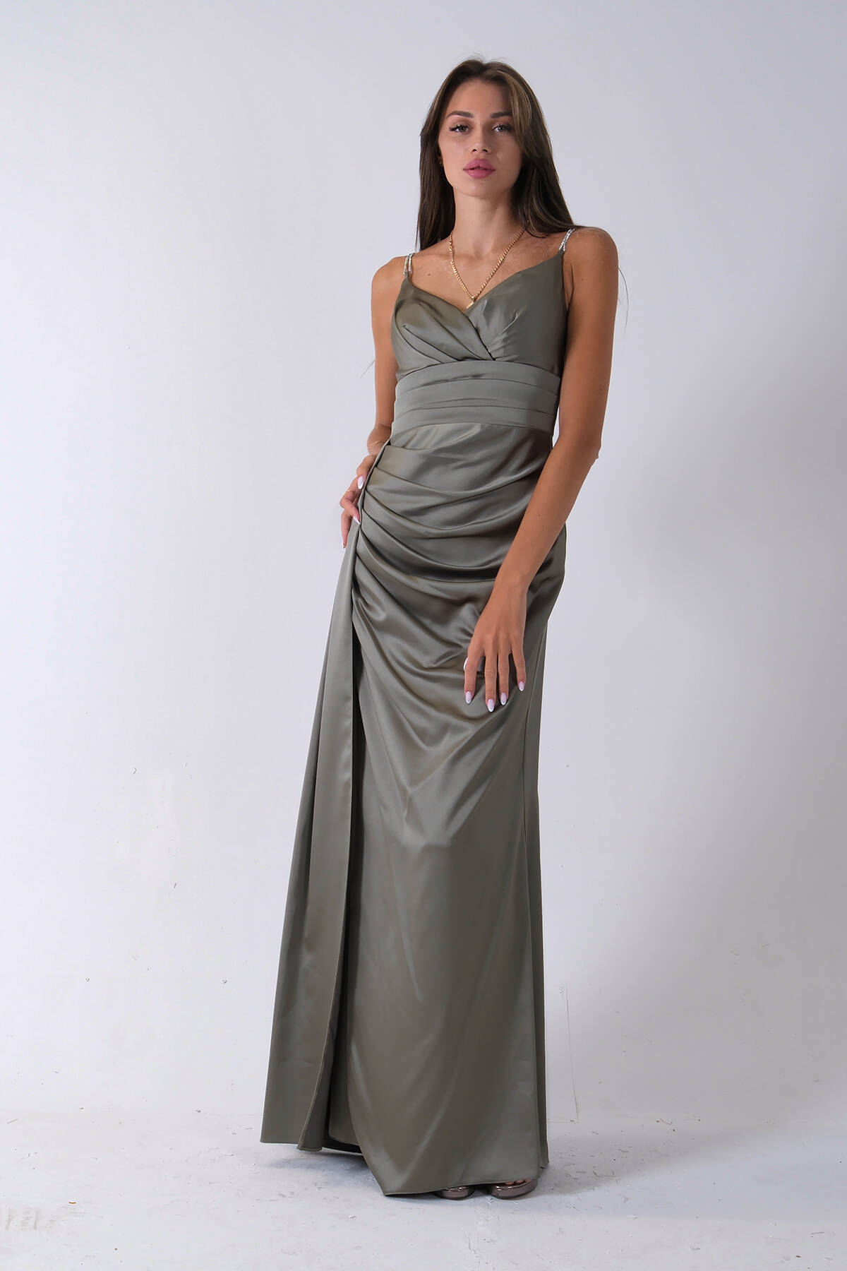 Haki Gümüş Askı Detaylı Yırtmaçlı Straplez Abiye 0801023.23 - Ardanewline (1)