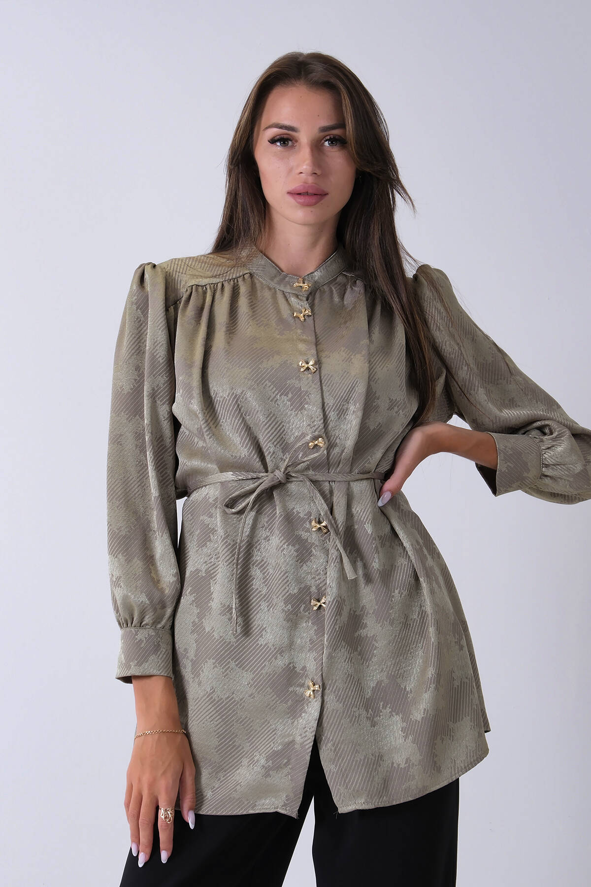 Haki Hakim Yaka Bel Bağlamalı Desenli Tunik 4595333.23 - Ardanewline