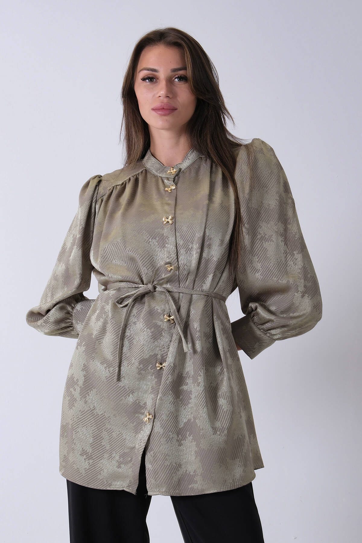 Haki Hakim Yaka Bel Bağlamalı Desenli Tunik 4595333.23 - Ardanewline (1)