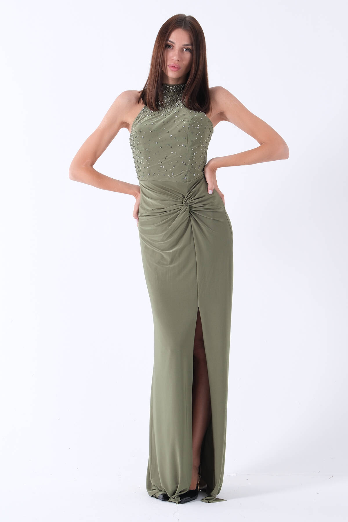 Haki Halter Yaka Üzeri Taş İşlemeli Straplez Abiye 9705668.23 - ArdaNewline