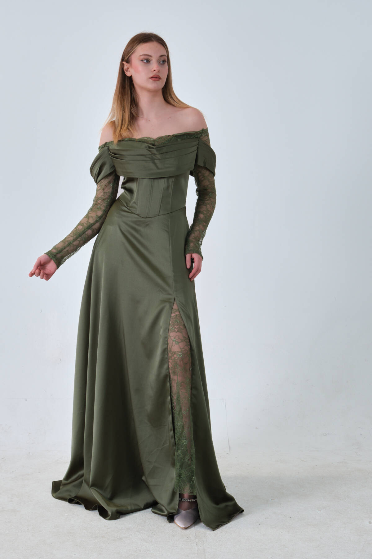 Haki Kolları Dantel Detaylı Drapeli Abiye 9705561.23 - Ardanewline (1)