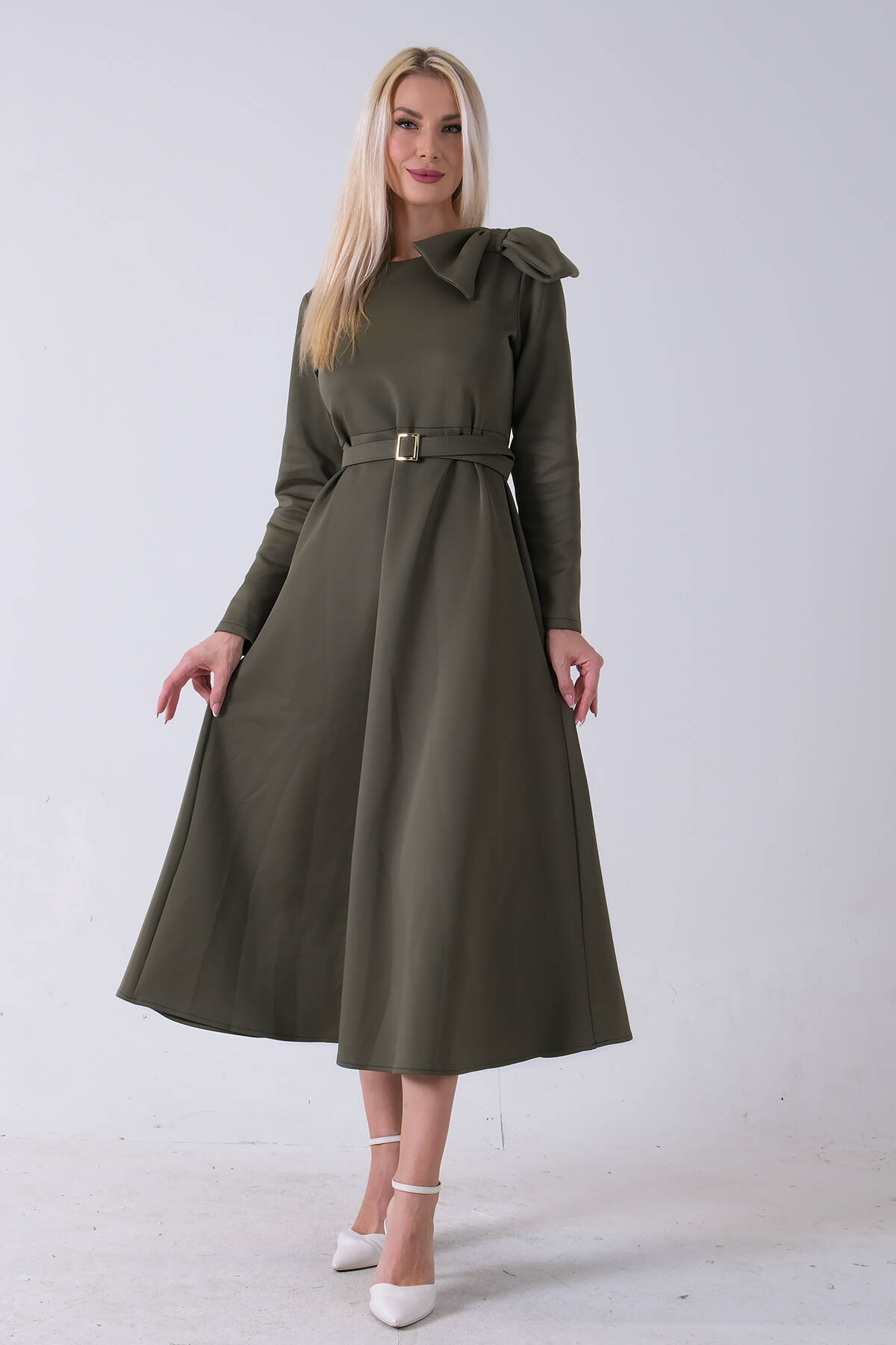 Haki Omuz Fiyonk Detaylı Kemerli Bisiklet Yaka Scuba Tesettür Elbise 4593456.23 - Ardanewline