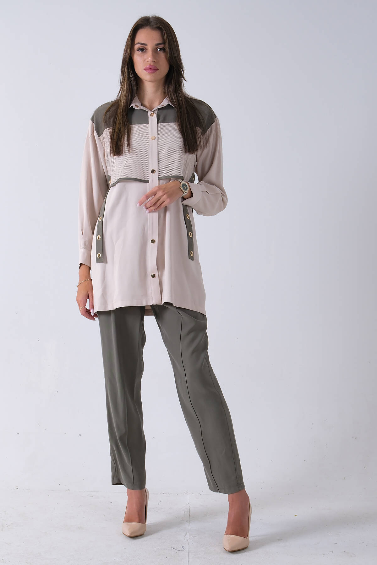 Haki Önü File Detaylı Çift Renk Tunik Pantolonlu Takım 4701409.23 - Ardanewline