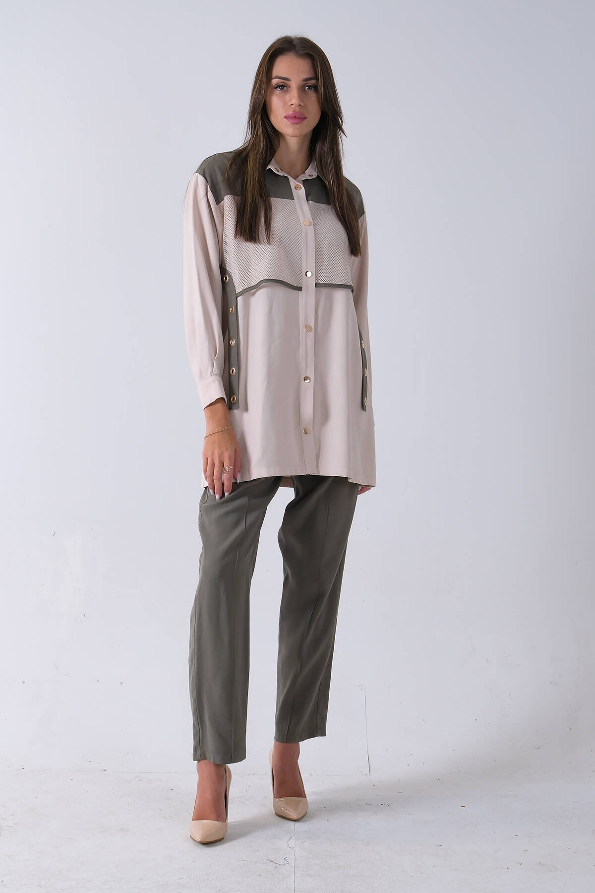 Haki Önü File Detaylı Çift Renk Tunik Pantolonlu Takım 4701409.23 - Ardanewline (1)