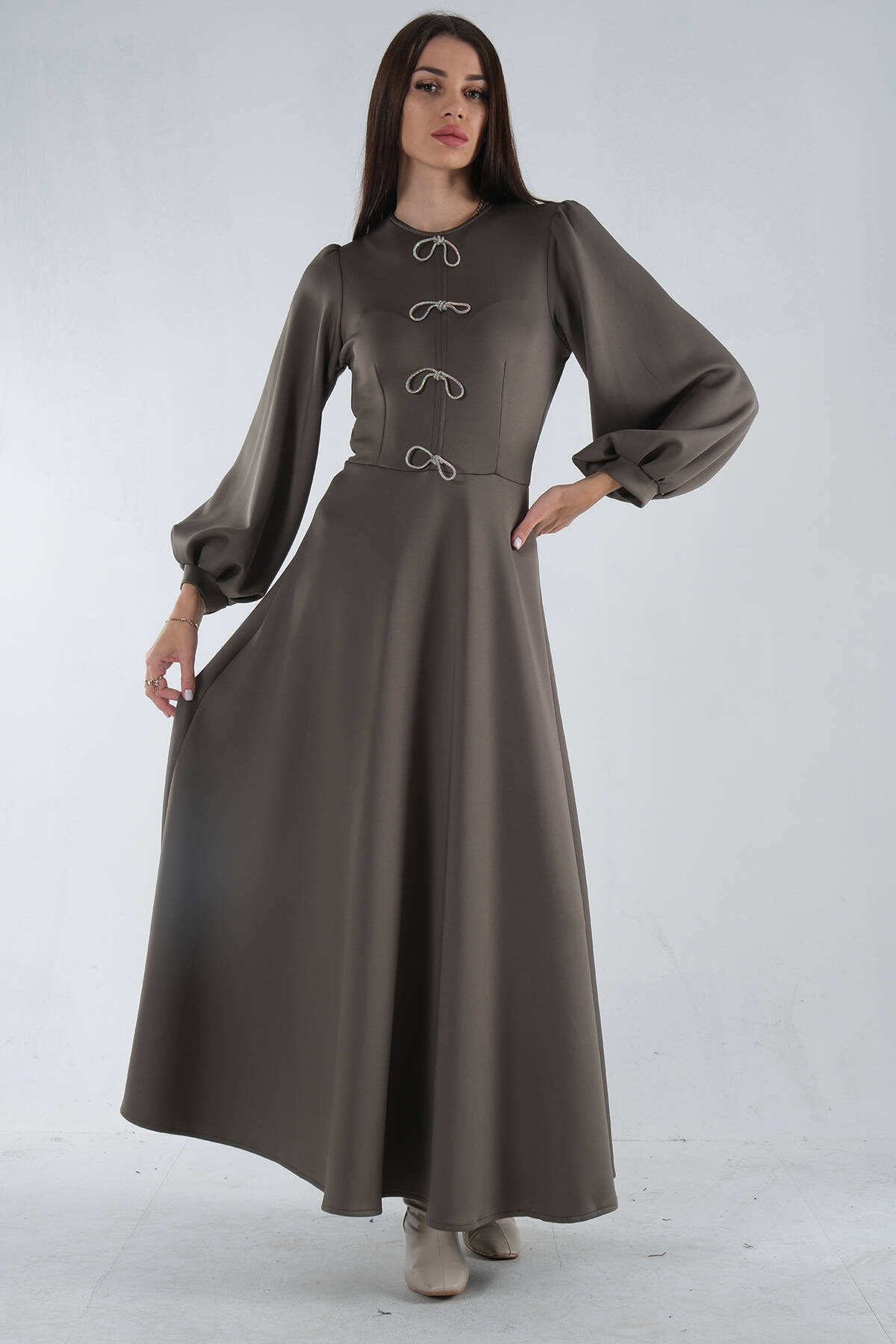 Haki Önü Simli Balon Kol Elbise 5305031.23 - Ardanewline (1)