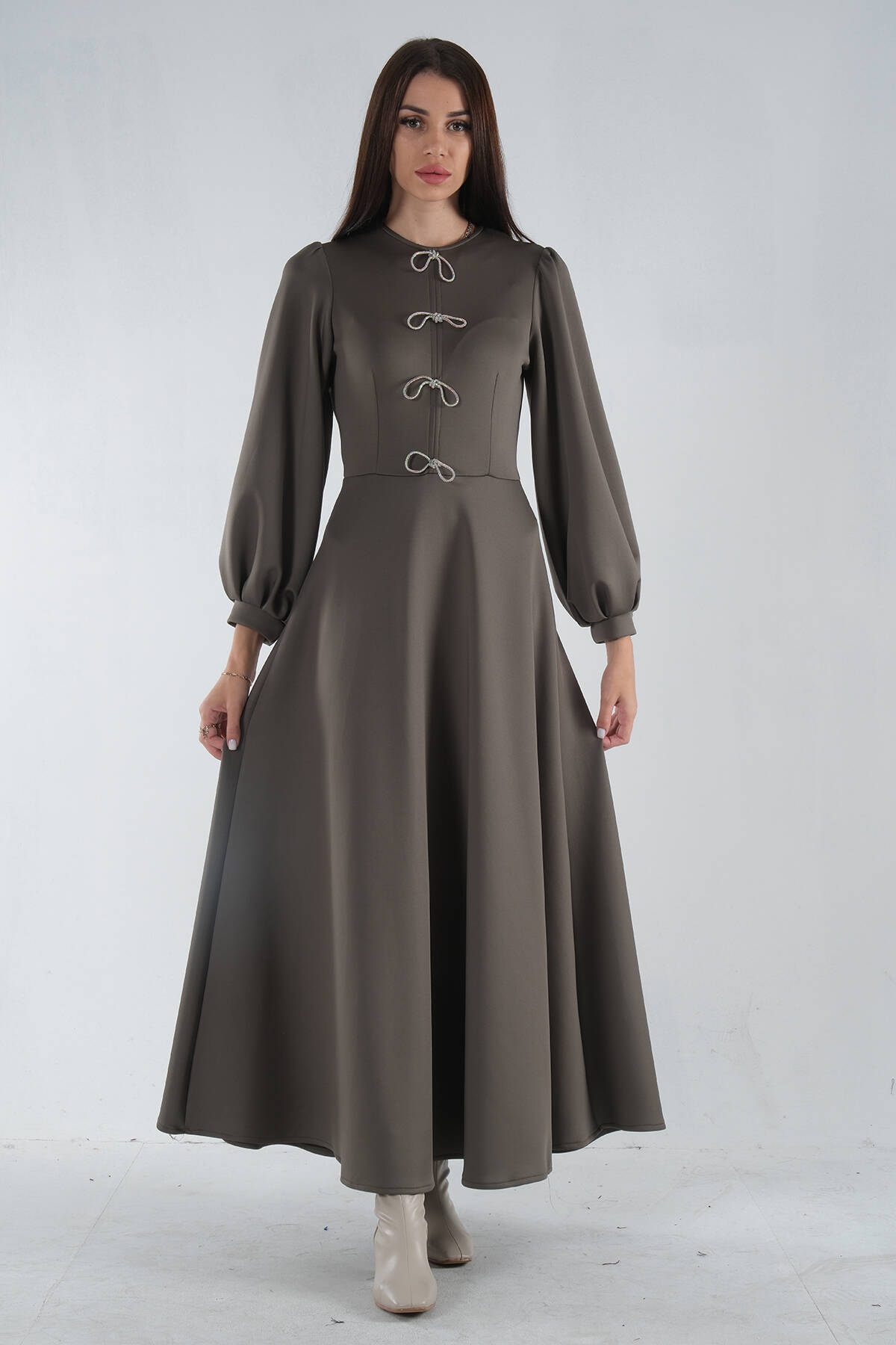 Haki Önü Simli Balon Kol Elbise 5305031.23 - Ardanewline