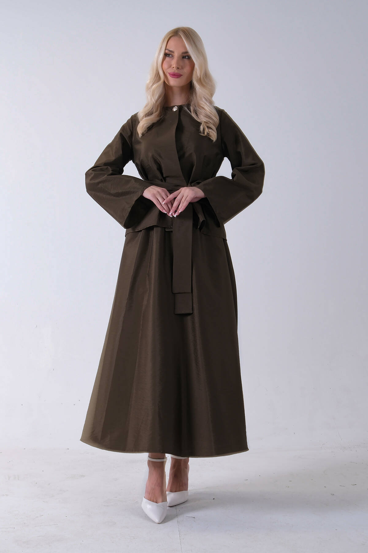 Haki Önü Tek Düğmeli Kuşaklı Etek Ceket 31040701.23 - Ardanewline