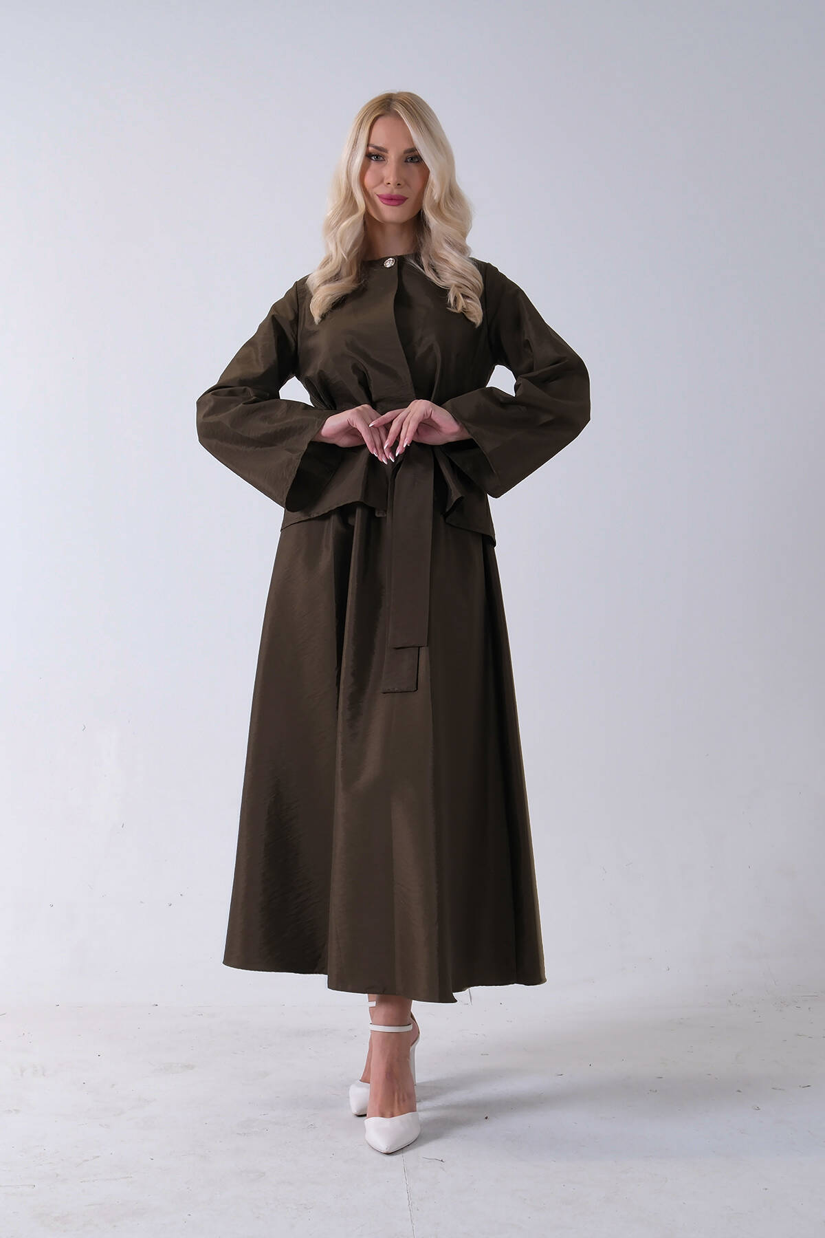 Haki Önü Tek Düğmeli Kuşaklı Etek Ceket 31040701.23 - Ardanewline (1)