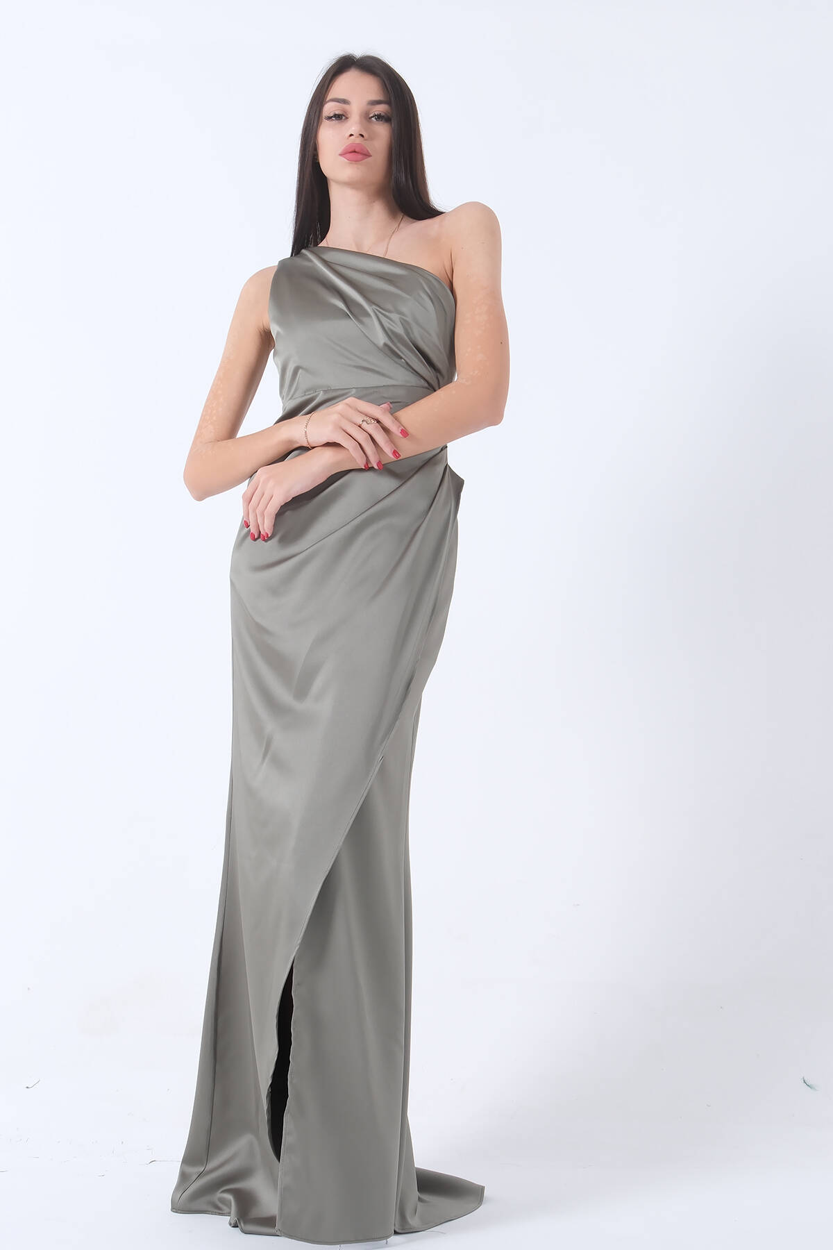 Haki Önü Yırtmaçlı Tek Omuz Şık Abiye 0801563.23 - Ardanewline