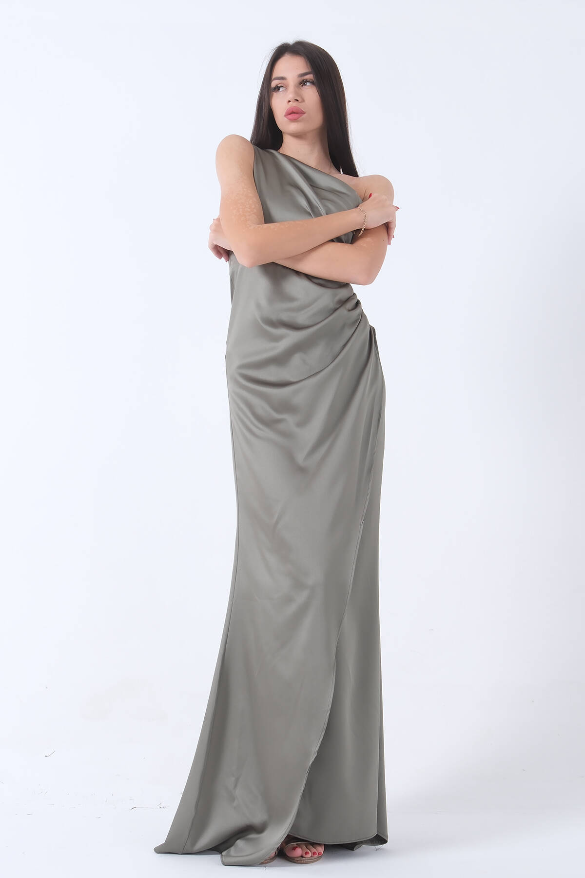 Haki Önü Yırtmaçlı Tek Omuz Şık Abiye 0801563.23 - Ardanewline (1)