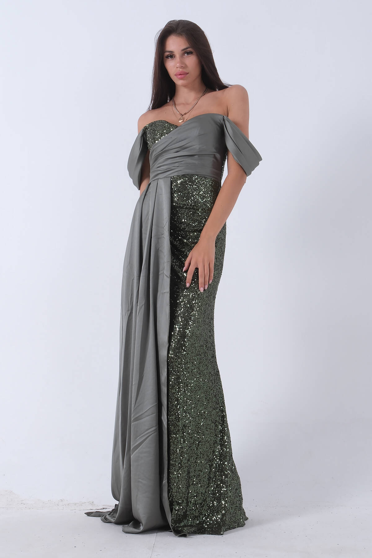 Haki Pul Payet Detaylı Yırtmaçlı Abiye 9705321.23 - Ardanewline