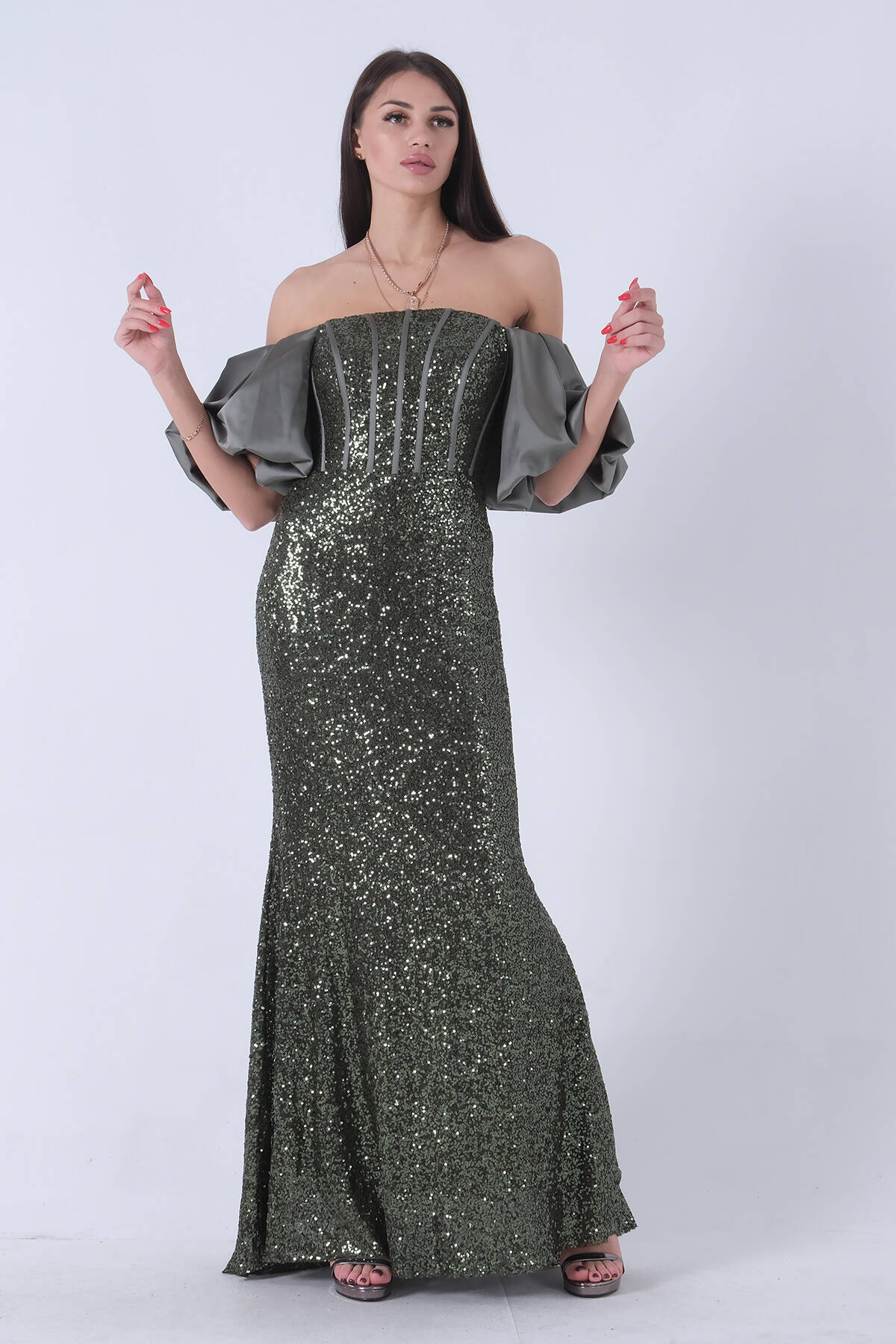 Haki Pul Payetli Balon Kol Abiye 9705296.23 - Ardanewline