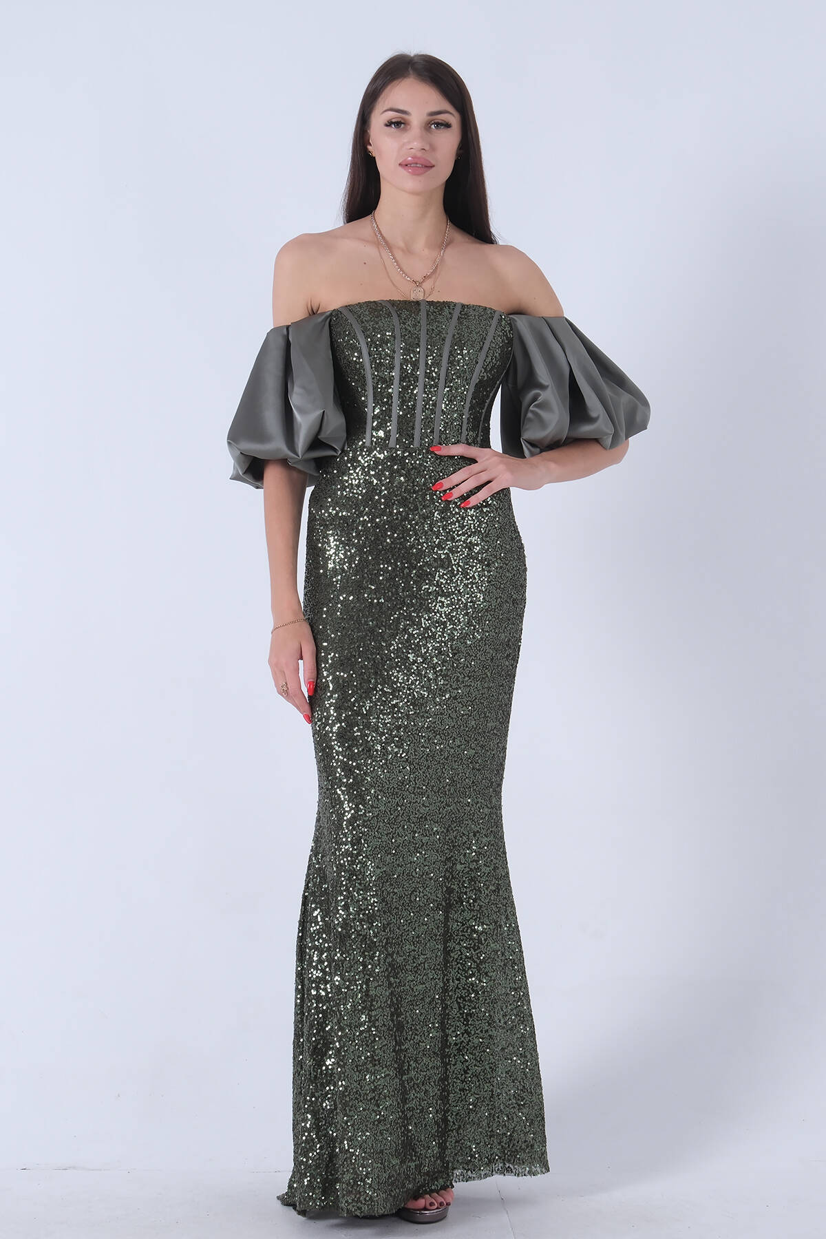 Haki Pul Payetli Balon Kol Abiye 9705296.23 - Ardanewline (1)