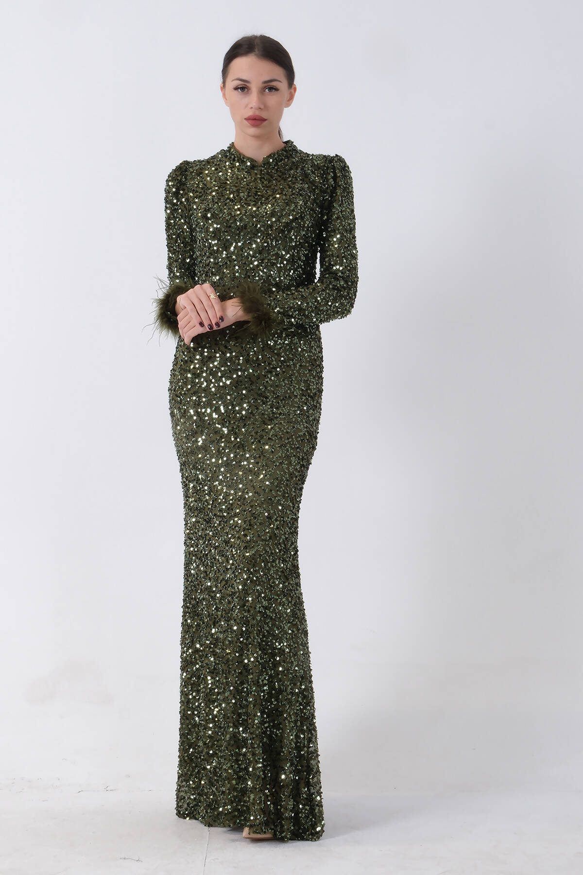 Haki Pul Payetli ve Tüy Detaylı Tesettür Abiye 6502490.23 - Ardanewline