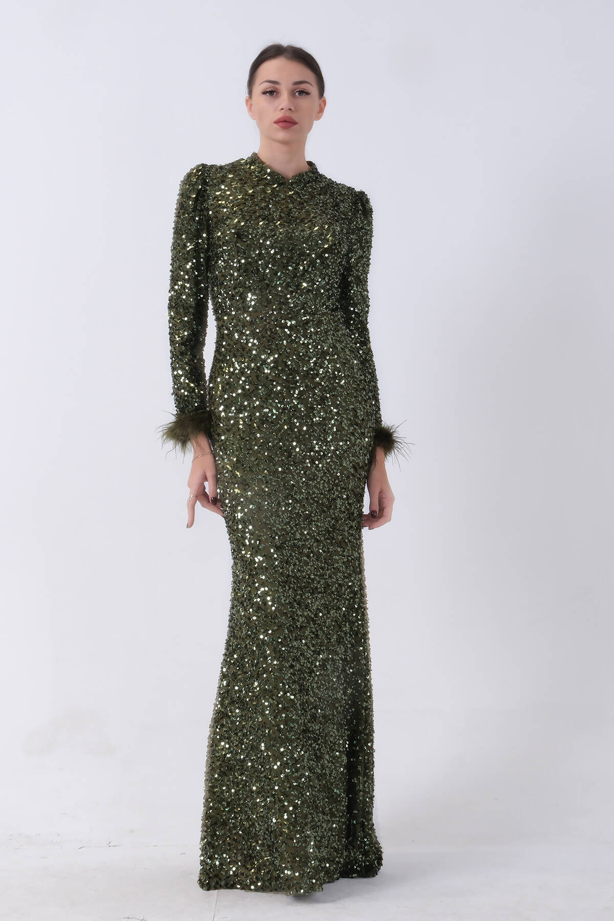 Haki Pul Payetli ve Tüy Detaylı Tesettür Abiye 6502490.23 - Ardanewline (1)