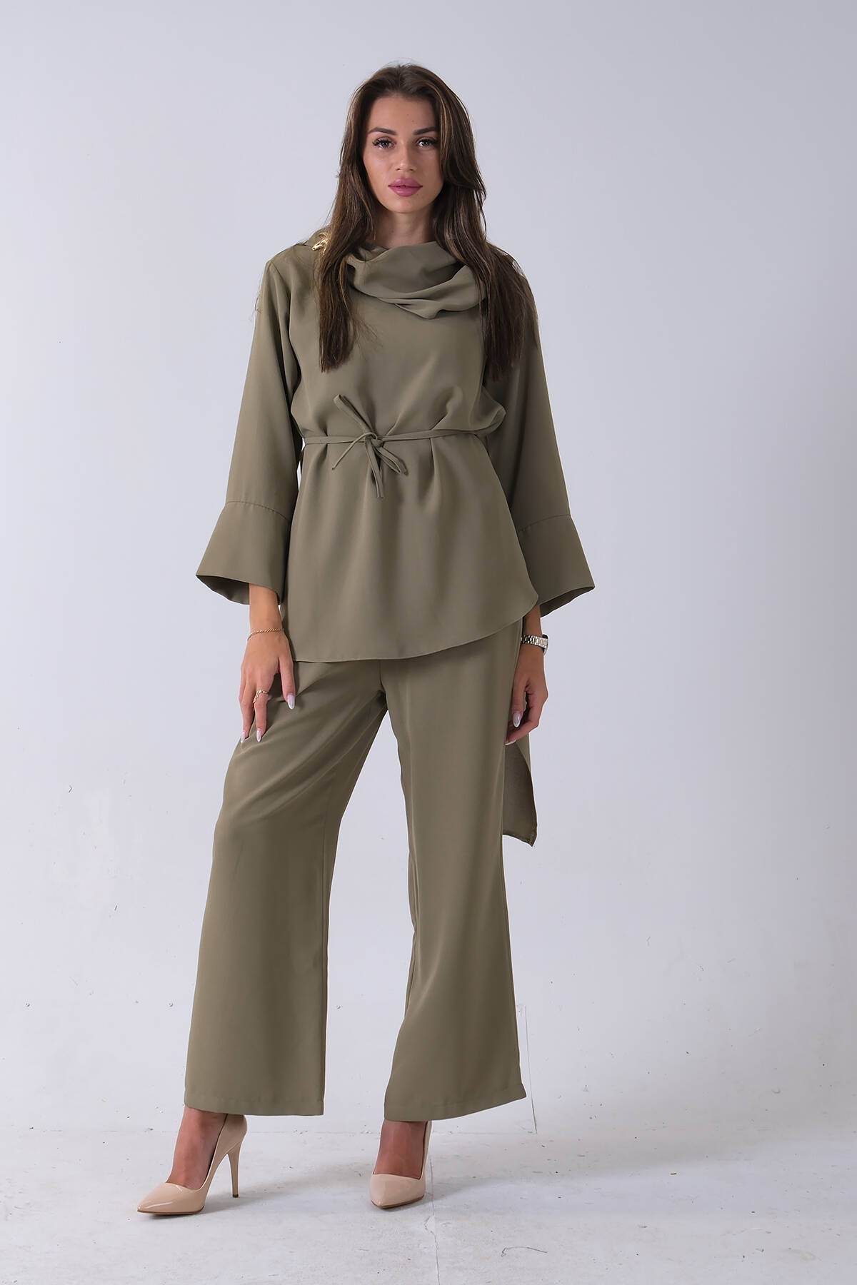 Haki Şal Yaka Üzeri Broş Detaylı Pantolonlu Takım 4592270.23 - Ardanewline