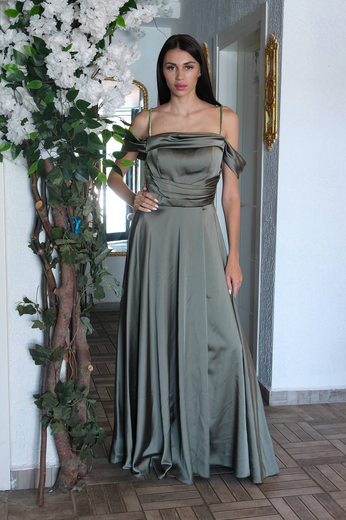 Haki Taş Askılı Düşük Kol Saten Abiye 0806118.23 - Ardanewline