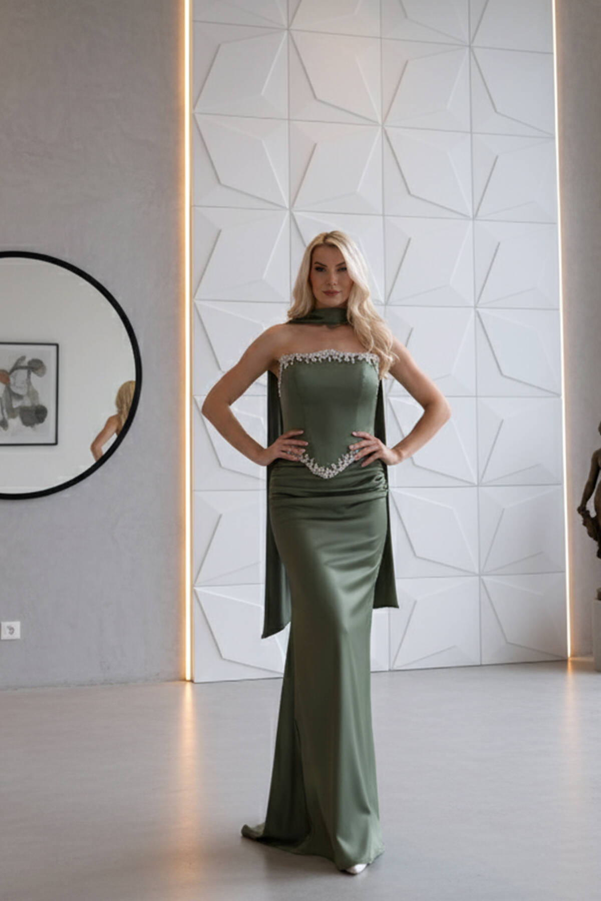 Haki Üzeri Taş İşleme Detaylı Kuşak Bağlama Detaylı Straplez Abiye 08011801.23 - Ardanewline