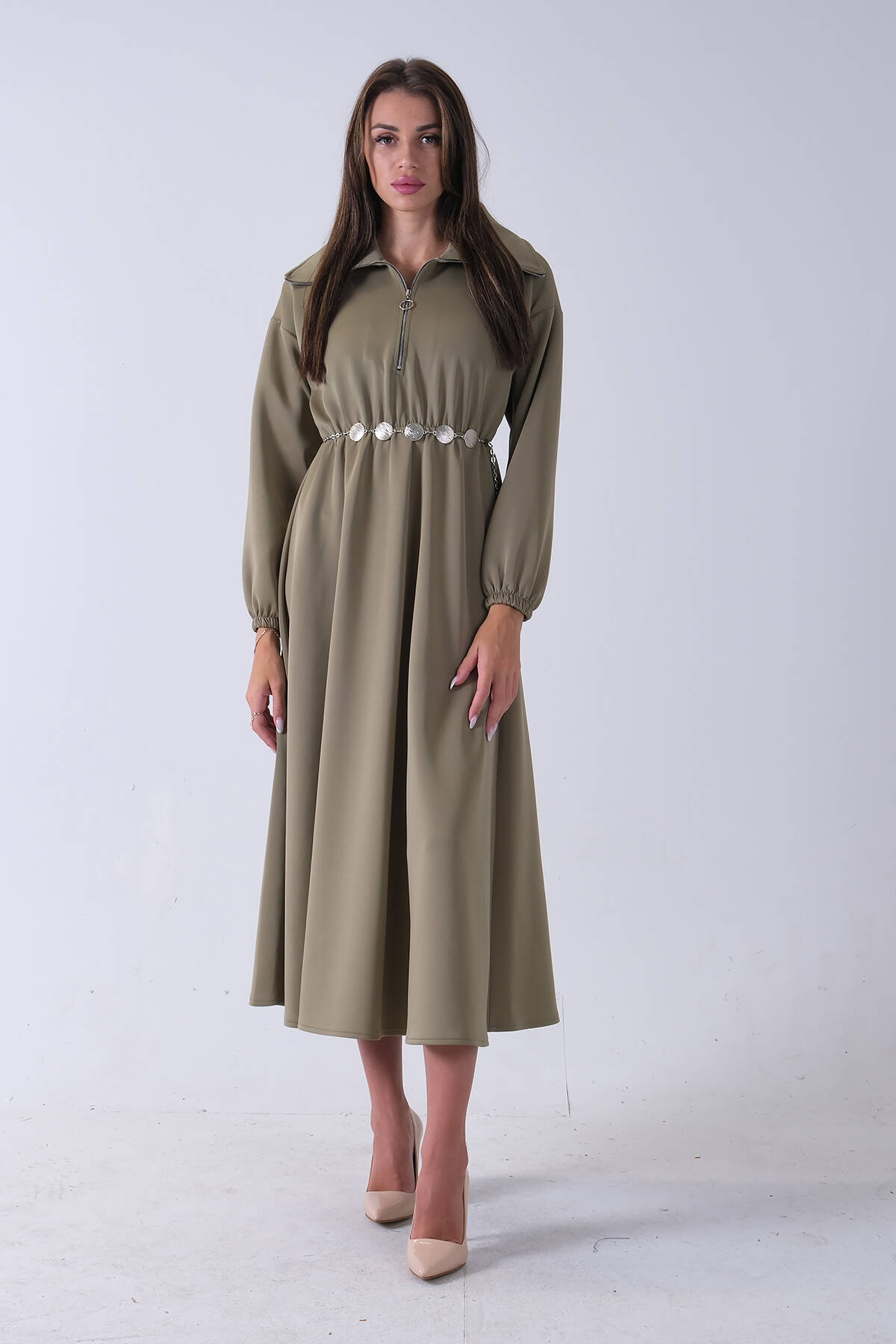 Haki Yaka Fermuar Detaylı Bel ve Bileği Lastikli Kemerli Scuba Elbise 4593455.23 - Ardanewline