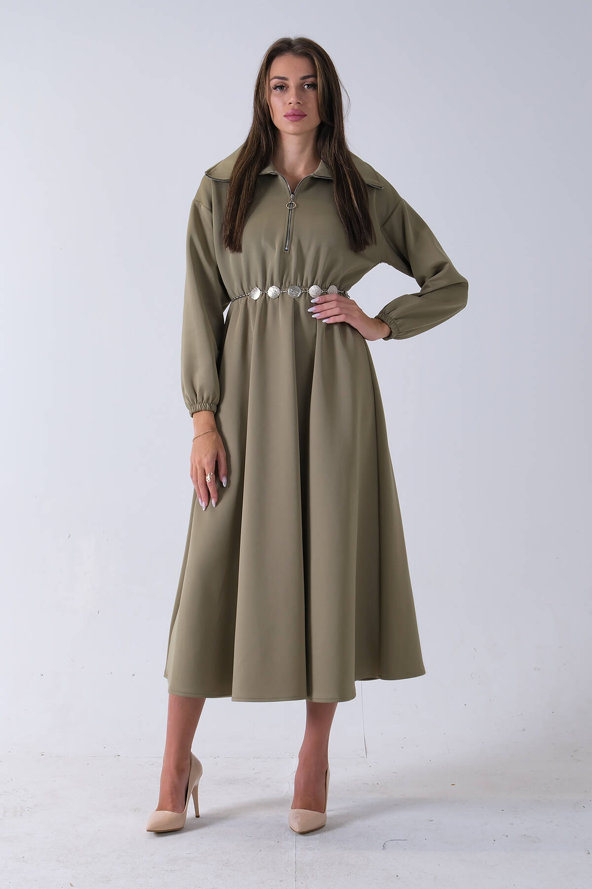 Haki Yaka Fermuar Detaylı Bel ve Bileği Lastikli Kemerli Scuba Elbise 4593455.23 - Ardanewline (1)