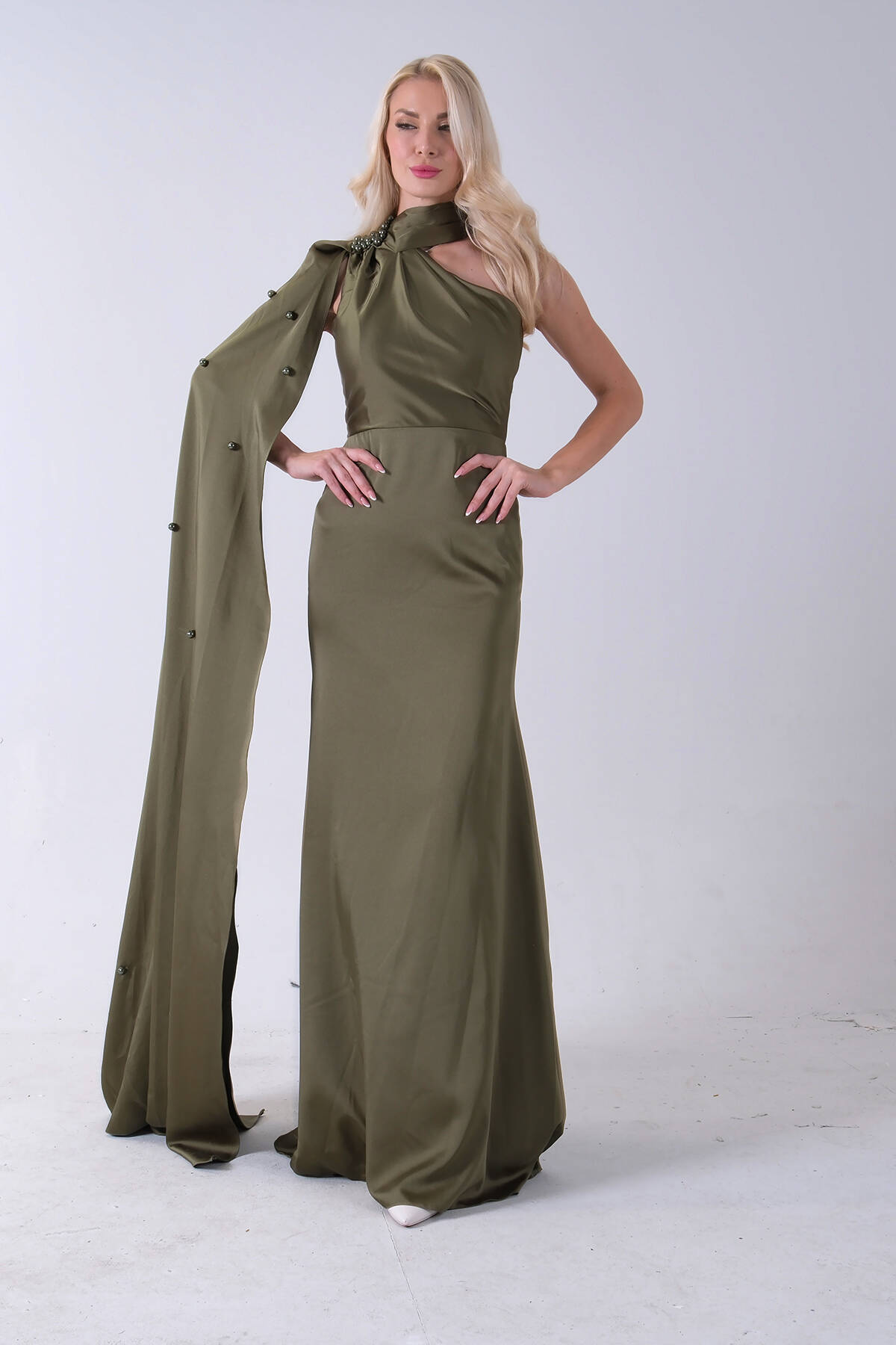 Haki Yaka Kuşak Detaylı Tek Omuz Abiye 0801099.23 - Ardanewline