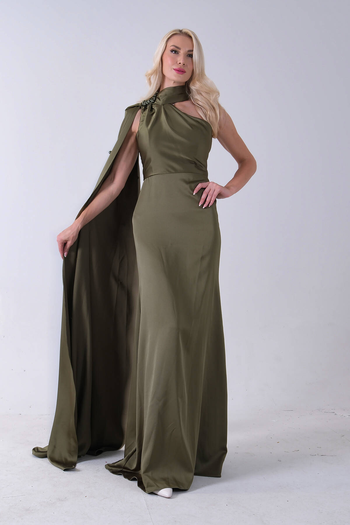 Haki Yaka Kuşak Detaylı Tek Omuz Abiye 0801099.23 - Ardanewline (1)