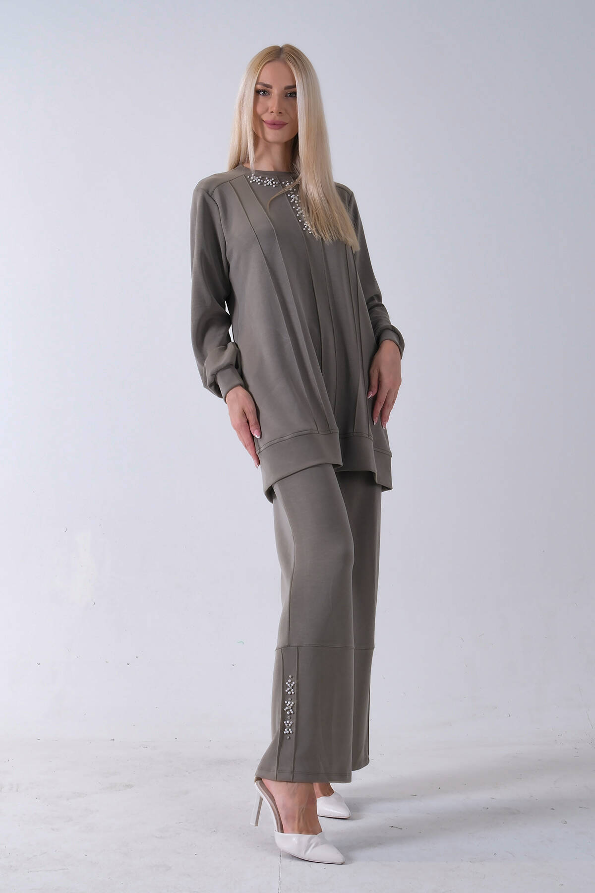 Haki Yaka ve Pantolon Paçası Taş Detaylı Tunikli Takım 4703048.23 - Ardanewline (1)