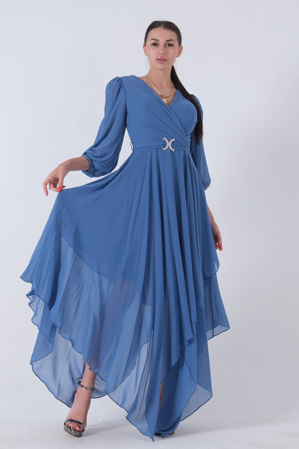 İndigo Balon Kol Kruvaze Yaka Asimetrik Kesim Abiye Elbise 6502417.98 - Ardanewline (1)