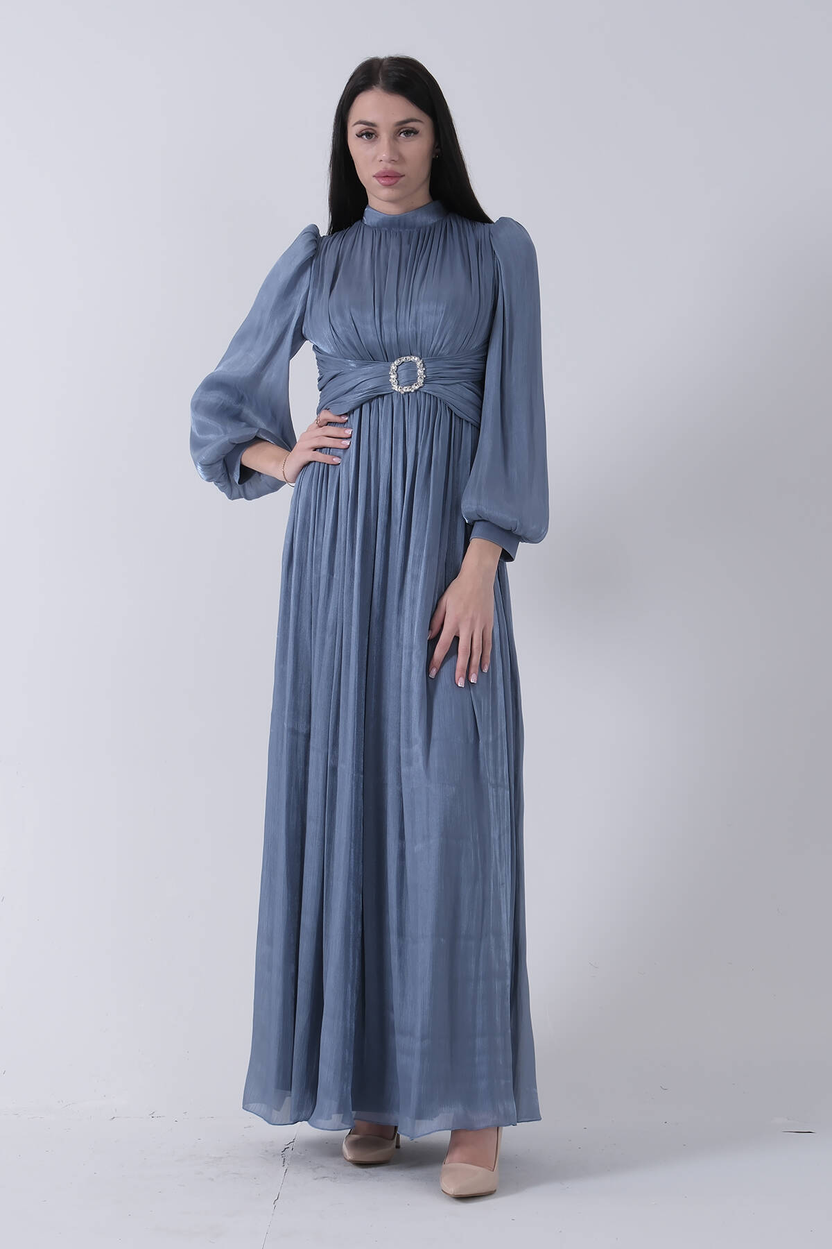 İndigo Beli Toka Aksesuarlı Bisiklet Yaka Tesettür Abiye 6502493.98 - Ardanewline