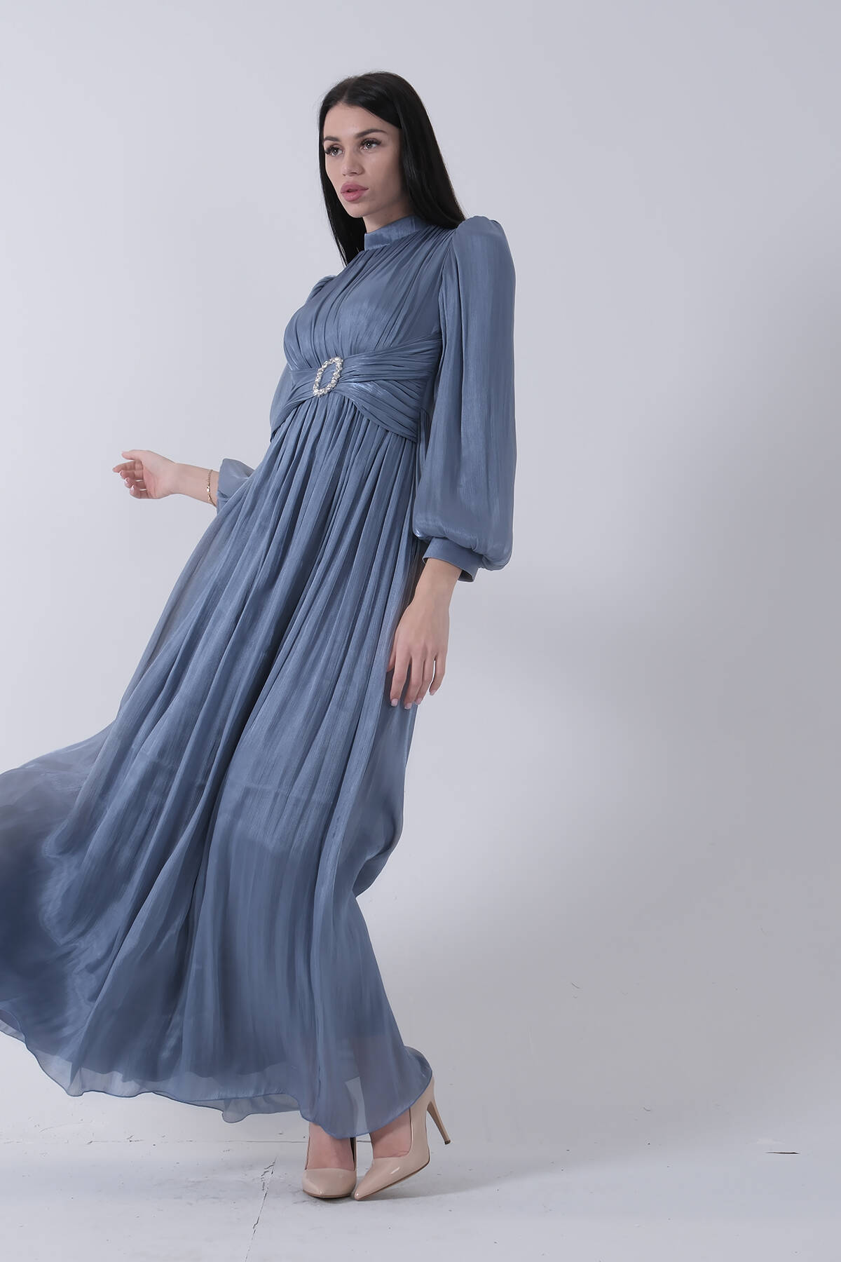 İndigo Beli Toka Aksesuarlı Bisiklet Yaka Tesettür Abiye 6502493.98 - Ardanewline (1)