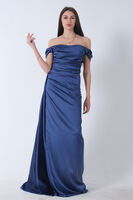 İndigo Drape Detaylı Saten Kumaş Abiye Elbise 9704858.98 - 1