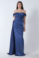 İndigo Drape Detaylı Saten Kumaş Abiye Elbise 9704858.98 - 3
