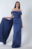 İndigo Drape Detaylı Saten Kumaş Abiye Elbise 9704858.98 - 4