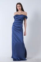İndigo Drape Detaylı Saten Kumaş Abiye Elbise 9704858.98 - 5