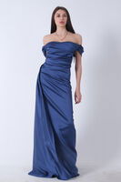 İndigo Drape Detaylı Saten Kumaş Abiye Elbise 9704858.98 - 6