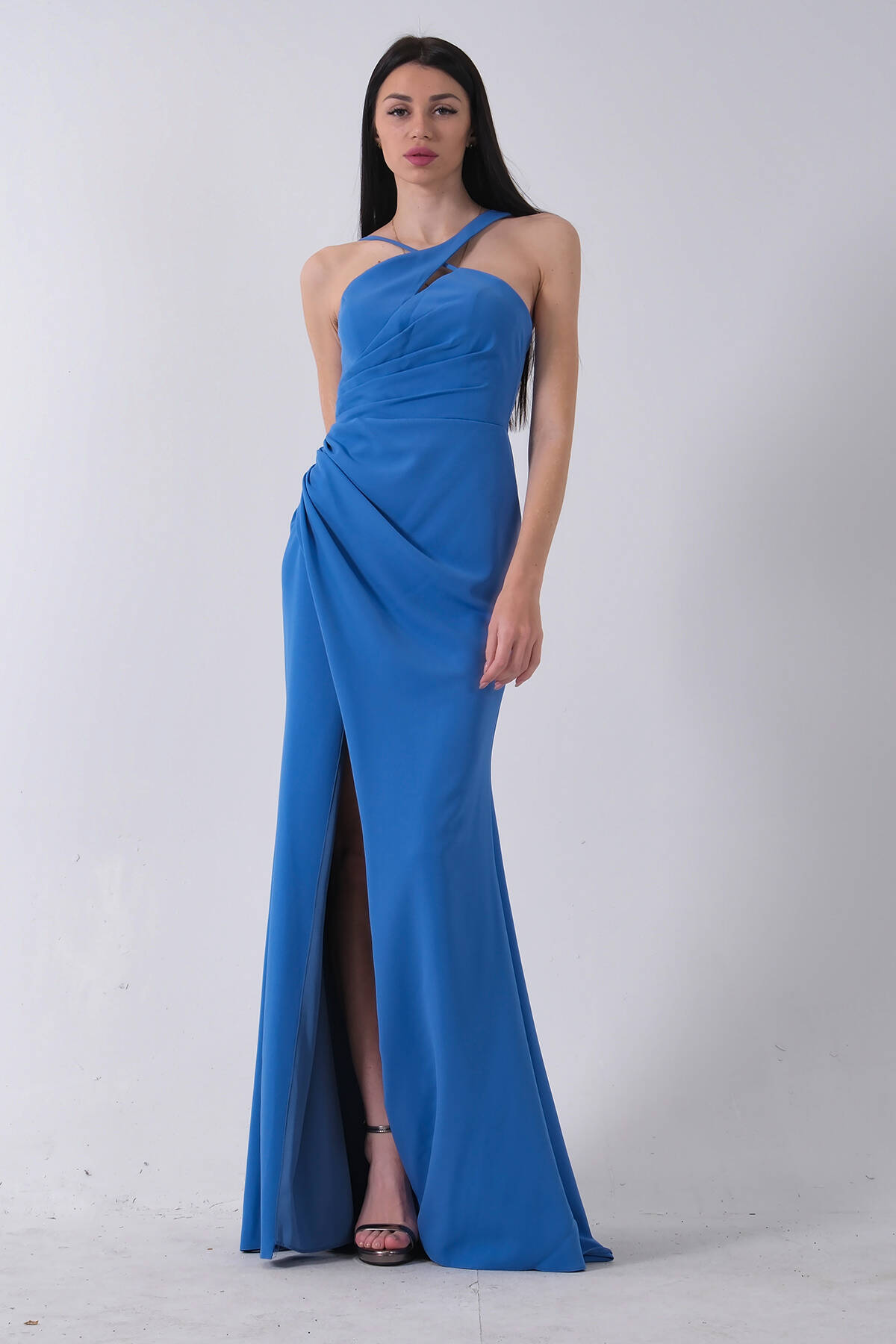 İndigo Kadın Kruvaze Yaka Yırtmaç Detaylı Uzun Abiye Elbise 1105273.98 - Ardanewline (1)