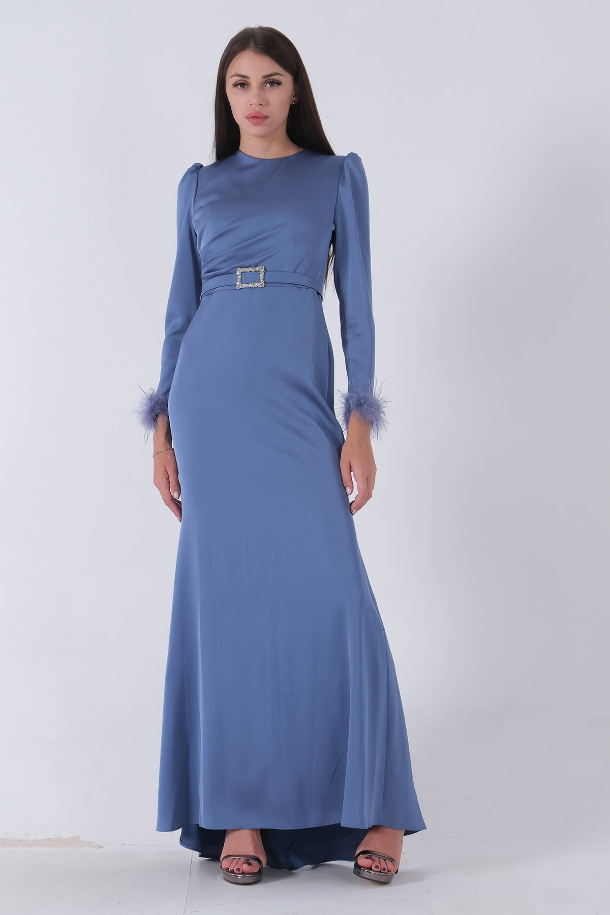 İndigo Kemerli Kol Ucu Tüylü Tesettür Abiye 6502476.98 - Ardanewline