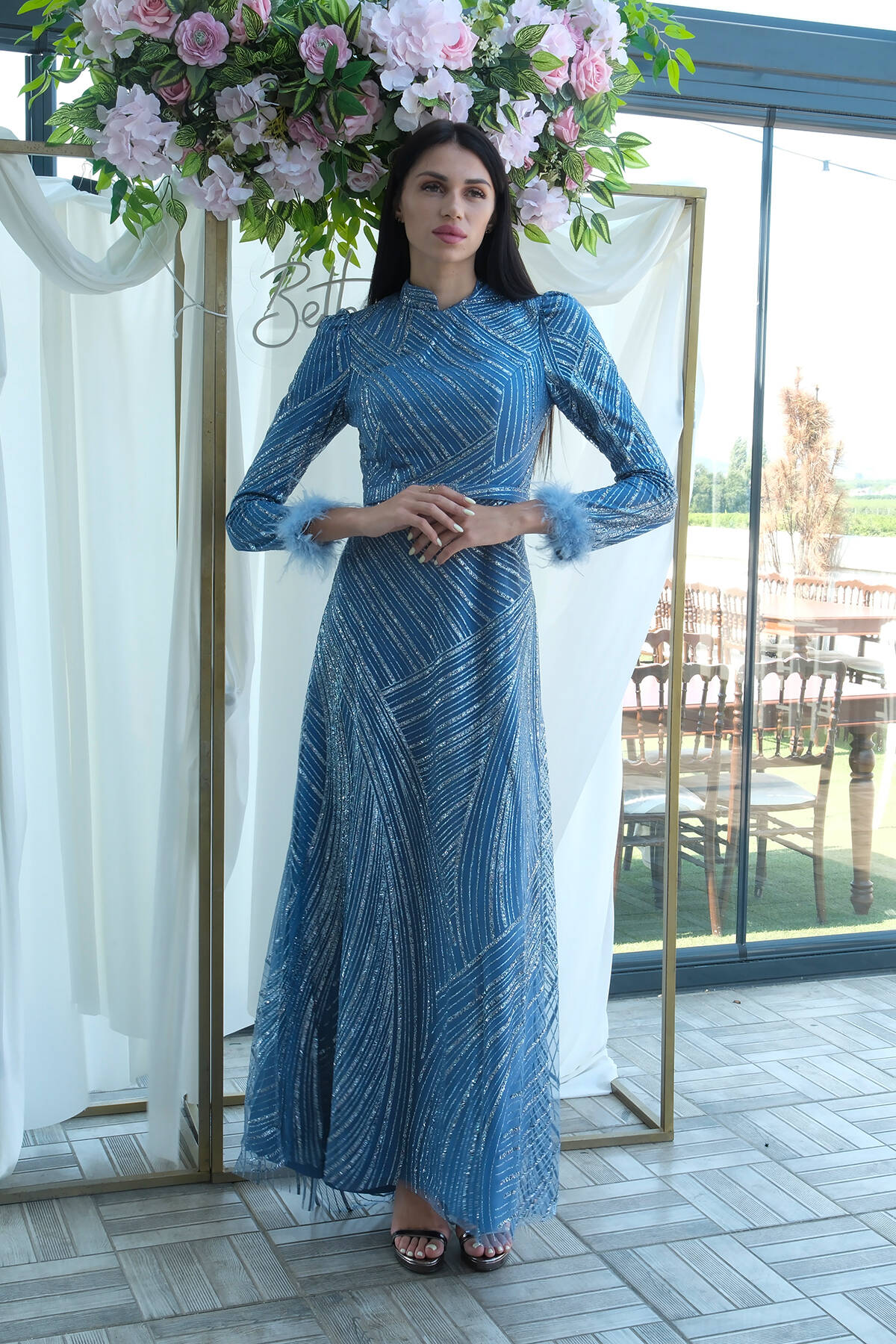 İndigo Kol Uçları Tüylü Abiye Elbise 6502437.98 - Ardanewline