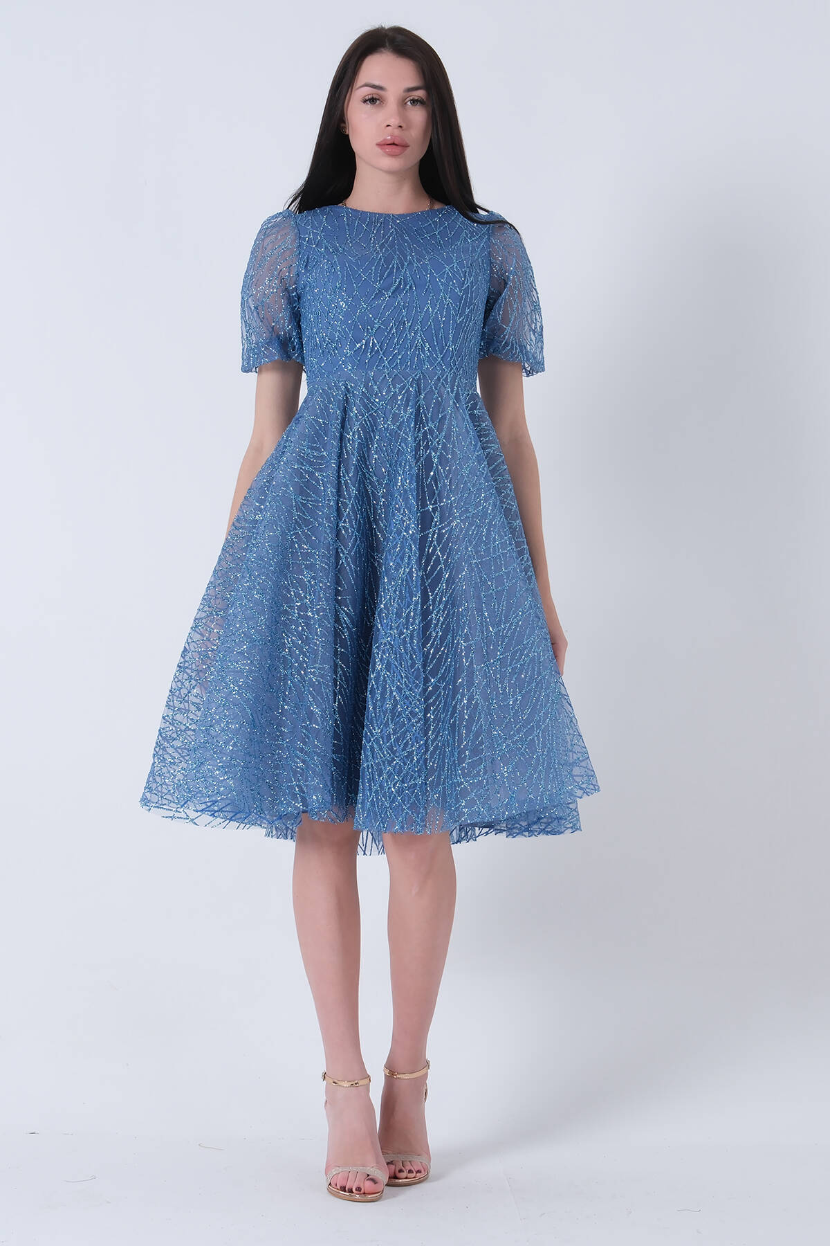 İndigo Midi Boy Kısa Yuvarlak Yaka Simli Tül Abiye Elbise 6502459.98 - Ardanewline (1)