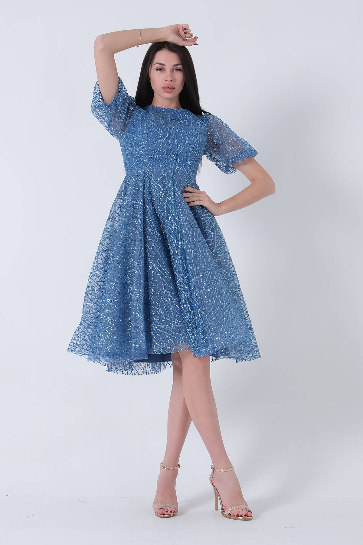 İndigo Midi Boy Kısa Yuvarlak Yaka Simli Tül Abiye Elbise 6502459.98 - Ardanewline