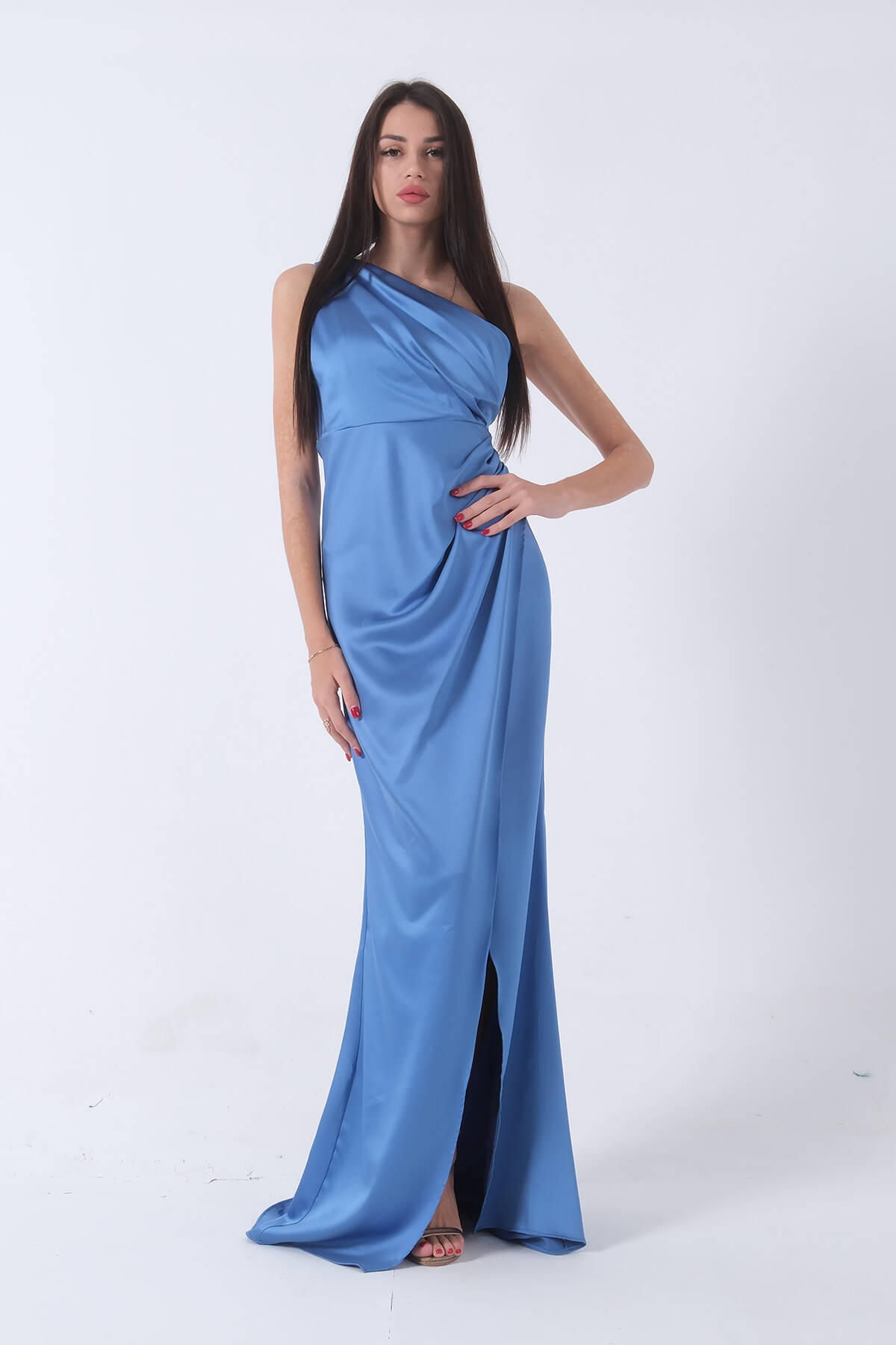 İndigo Önü Yırtmaçlı Tek Omuz Şık Abiye 0801563.98 - Ardanewline