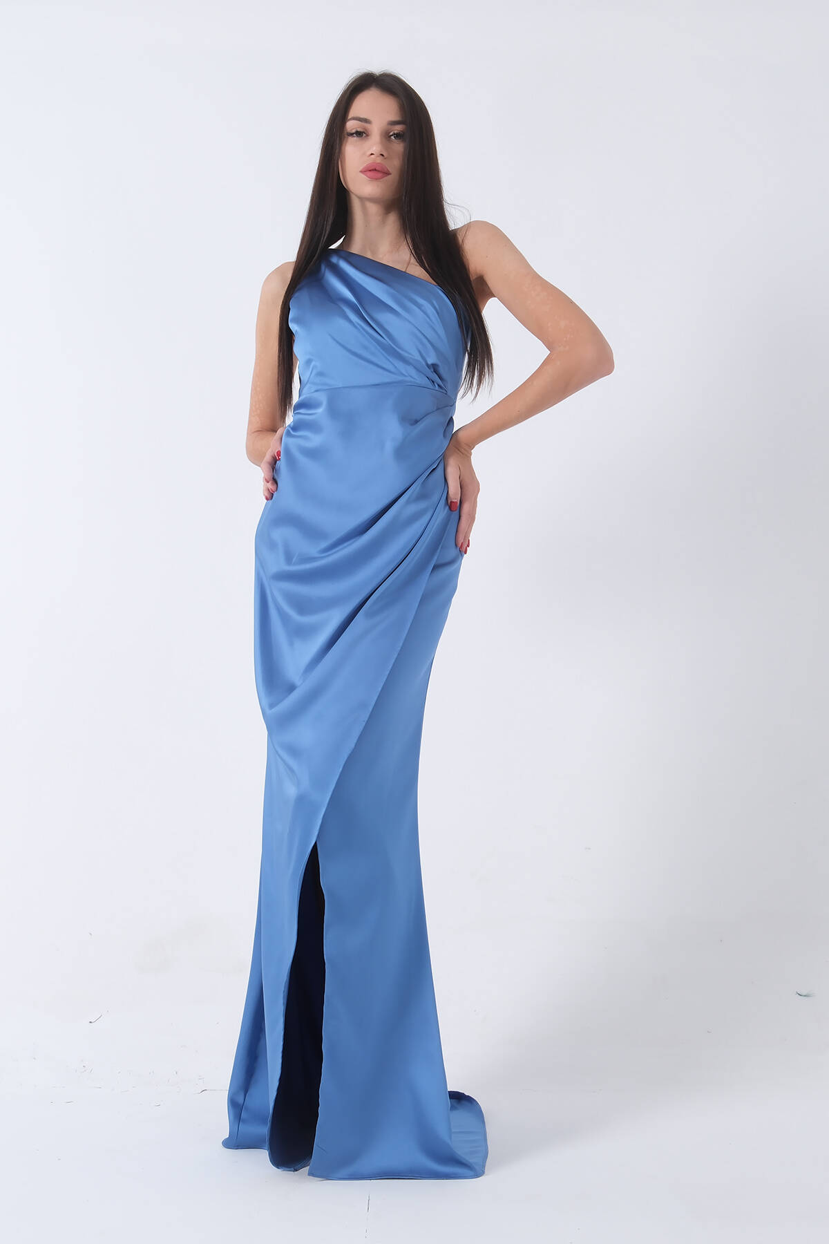 İndigo Önü Yırtmaçlı Tek Omuz Şık Abiye 0801563.98 - Ardanewline (1)