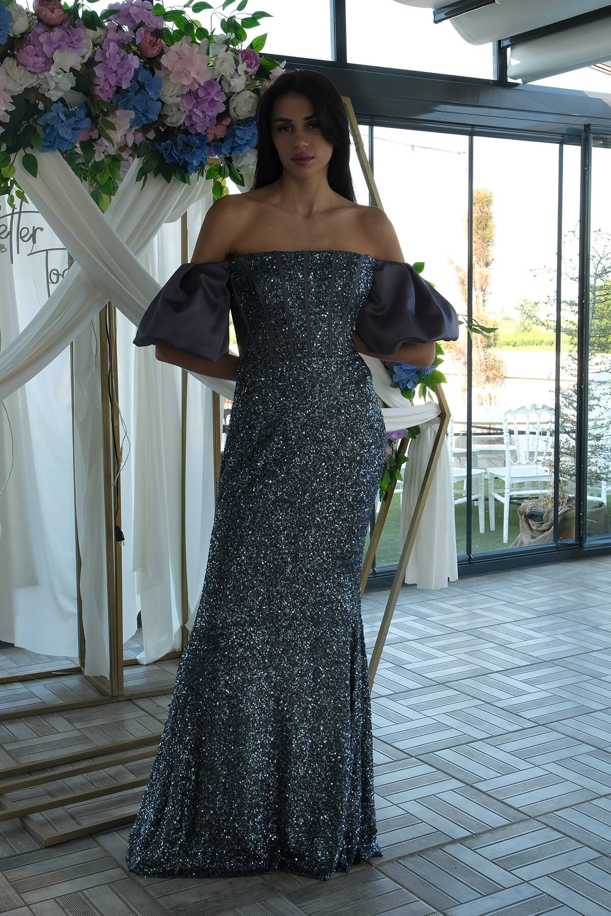 İndigo Pul Payetli Balon Kol Abiye 9705296.98 - Ardanewline