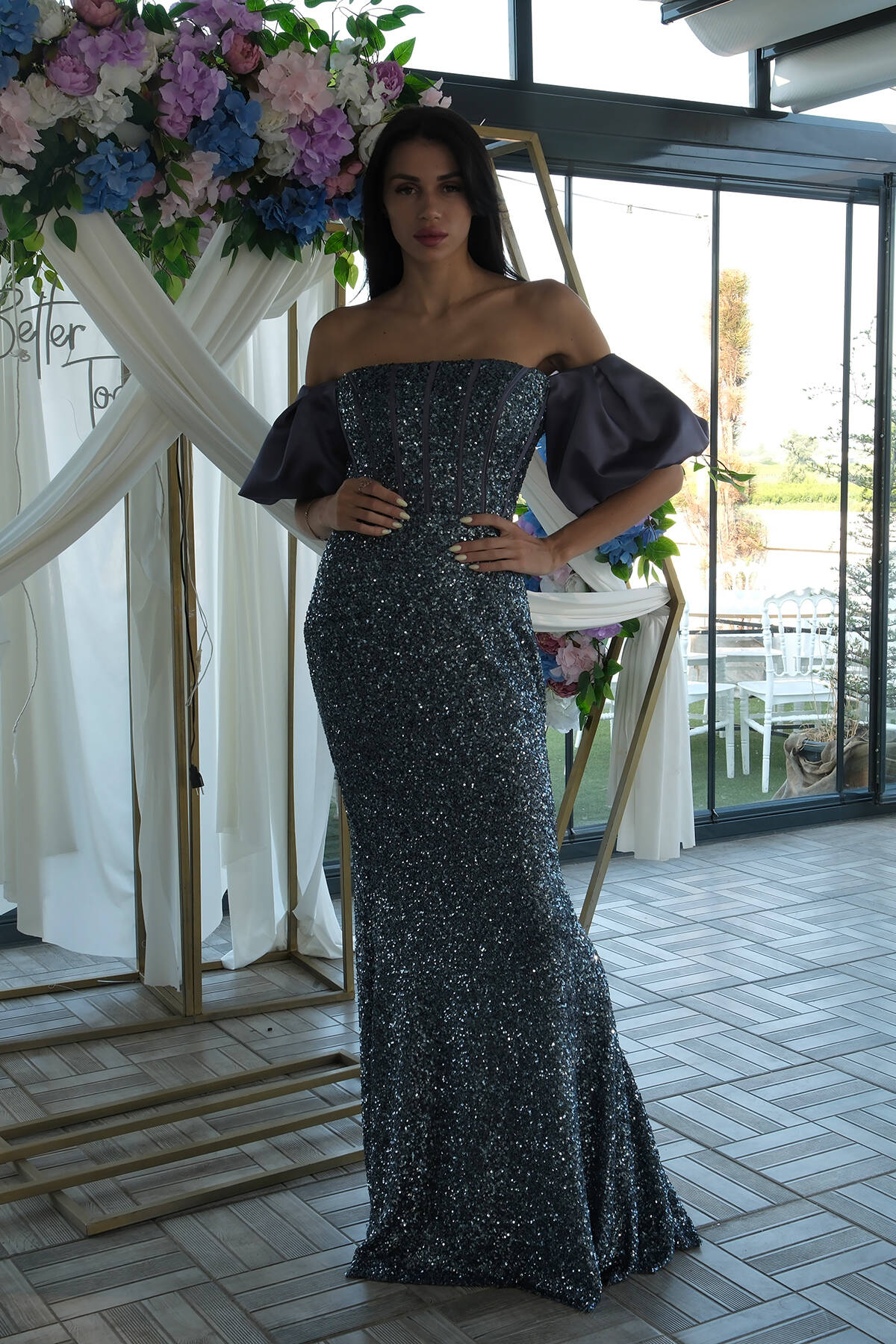 İndigo Pul Payetli Balon Kol Abiye 9705296.98 - Ardanewline (1)