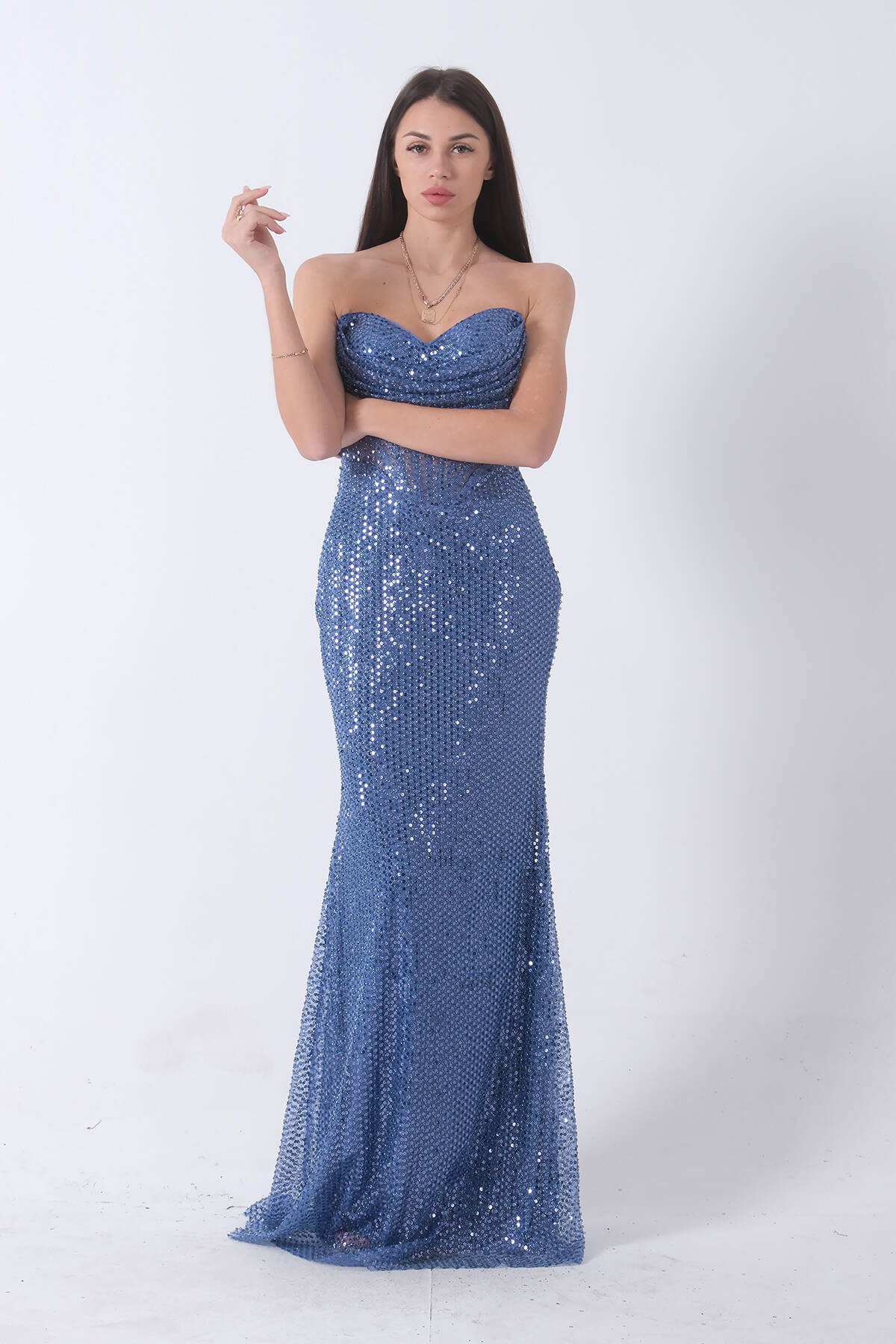 İndigo Pul Taş İşlemeli Straplez Balık Abiye 9705304.98 - Ardanewline (1)