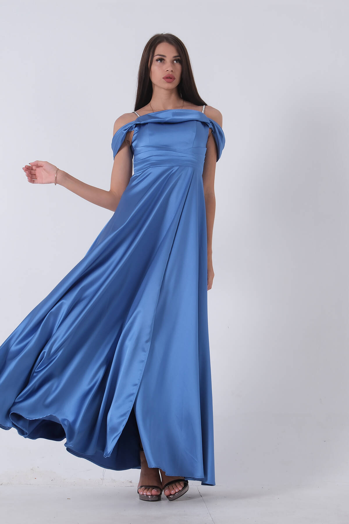 İndigo Taş Askılı Düşük Kol Saten Abiye 0806118.98 - Ardanewline