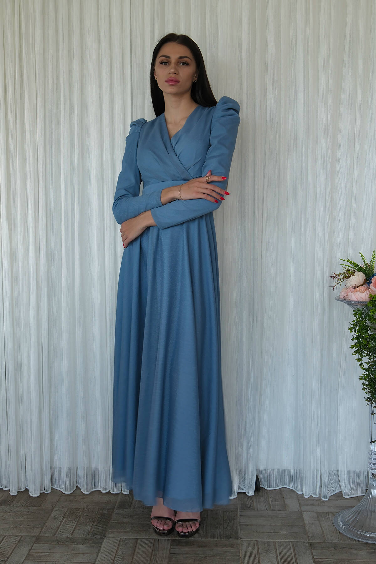 İndigo V Yaka Parıltılı Uzun Kollu Abiye 6502514.98 - Ardanewline